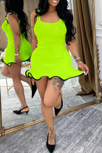 Fluorescent Green Sexy Solid Color Contrast Spaghetti Strap Irregular Dresses
