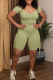 Green Yellow Casual Solid Color Fringed Trim U Neck Short Sleeve Two Pieces