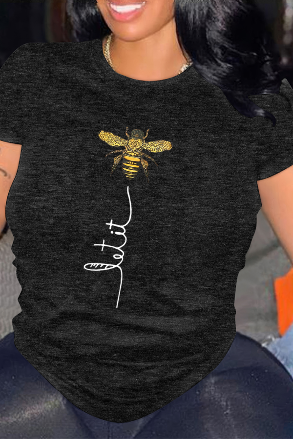 Black Casual Animal Print Letters O Neck Tops