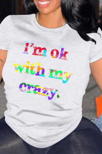 White Casual Letter Print Gradient O Neck Tops