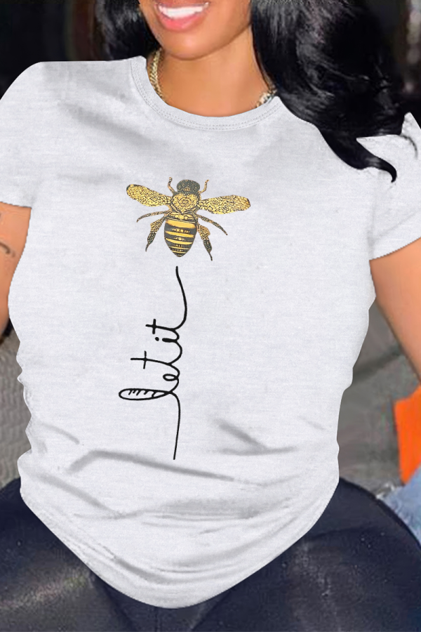 White Casual Animal Print Letters O Neck Tops