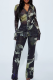Black Casual Print Buckle Turndown Collar Long Sleeve Two Pieces