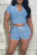 Light Blue Casual Solid Color Draw String Turndown Collar Short Sleeve Two Pieces