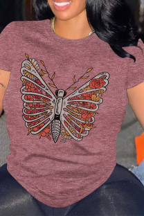 Purplish Red Casual Skull Butterfly Print O Neck Tops