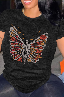 Black Casual Skull Butterfly Print O Neck Tops