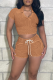 Yellow Casual Solid Color Draw String Turndown Collar Short Sleeve Two Pieces