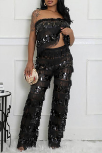 Black Sexy Casual Patchwork Fringed Trim Sequins See-Through Backless Strapless Sleeveless Two Pieces