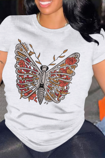 White Casual Skull Butterfly Print O Neck Tops