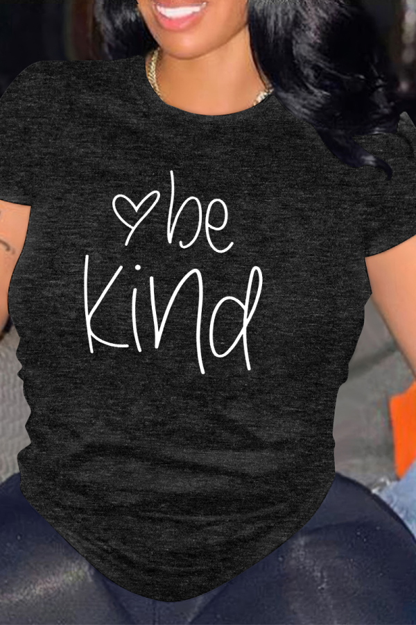 Black Letter Print O Neck Tops