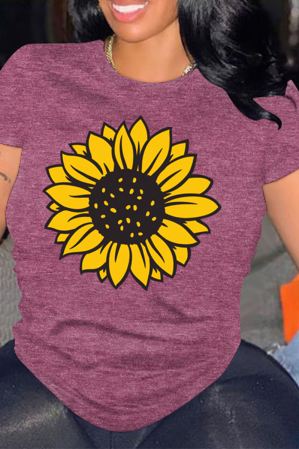 Burgundy Casual Flowers Print O Neck Tops