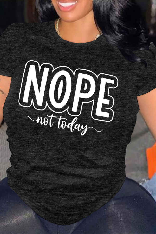 Black Casual Letter Print O Neck Tops