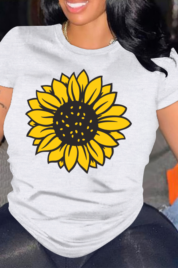 White Casual Flowers Print O Neck Tops