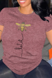 Pink Casual Animal Print Letters O Neck Tops