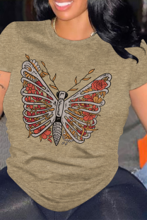 Khaki Casual Skull Butterfly Print O Neck Tops
