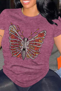Burgundy Casual Skull Butterfly Print O Neck Tops