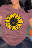 Pink Casual Flowers Print O Neck Tops