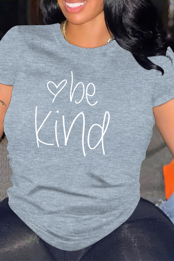 Grey Letter Print O Neck Tops