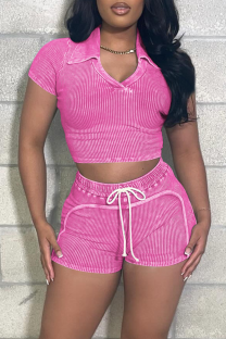 Pink Casual Solid Color Draw String Turndown Collar Short Sleeve Two Pieces