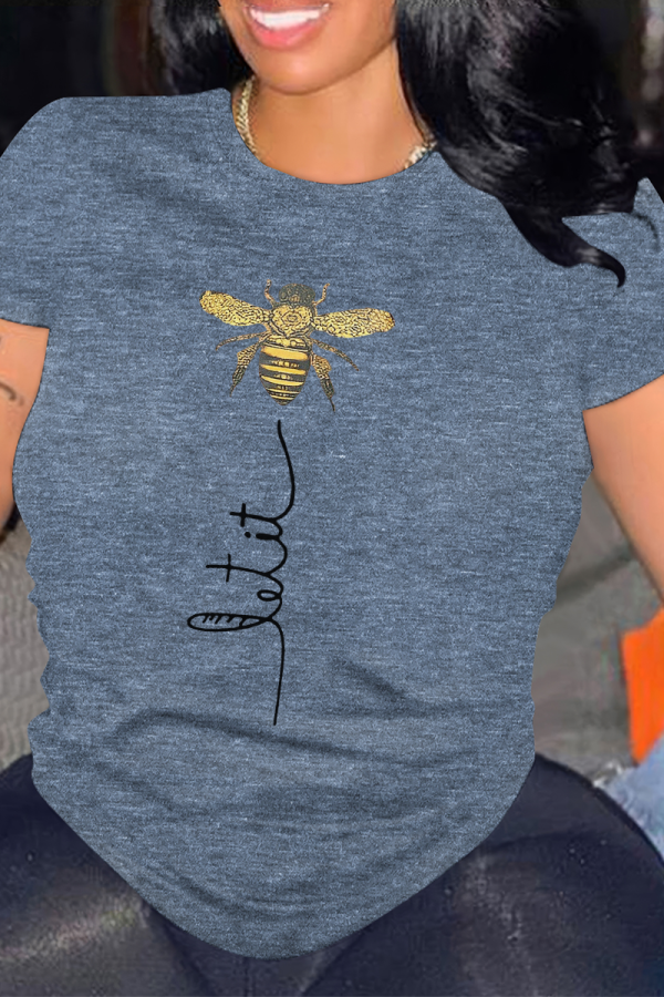 Dark Blue Casual Animal Print Letters O Neck Tops