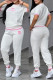 White Casual Letters Embroidered O Neck Short Sleeve Two Pieces