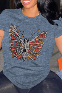 Dark Blue Casual Skull Butterfly Print O Neck Tops