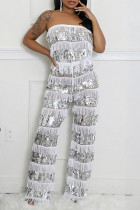 Silver Sexy Casual Patchwork Fringed Trim Sequins See-Through Backless Strapless Sleeveless Two Pieces
