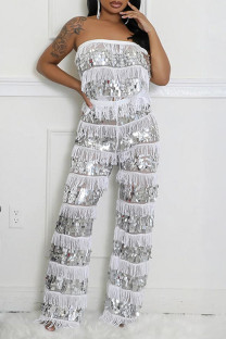 Silver Sexy Casual Patchwork Fringed Trim Sequins See-Through Backless Strapless Sleeveless Two Pieces