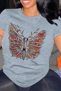 Grey Casual Skull Butterfly Print O Neck Tops