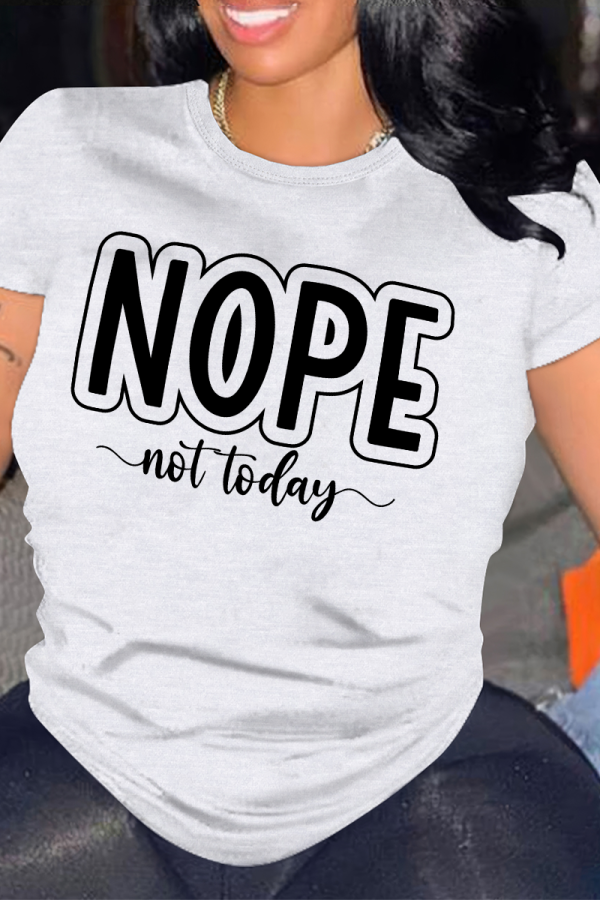 White Casual Letter Print O Neck Tops