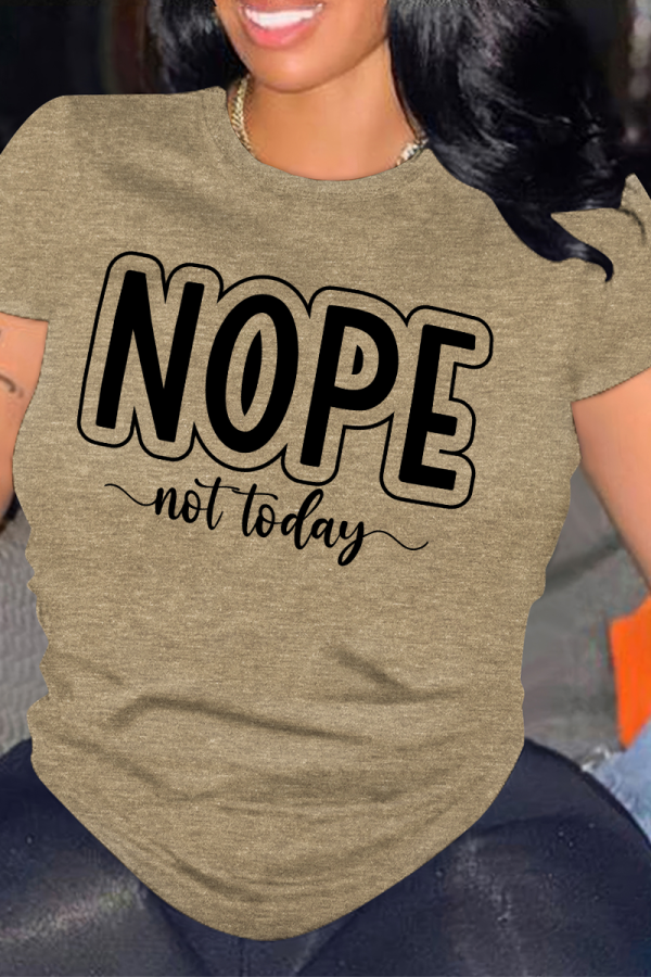 Khaki Casual Letter Print O Neck Tops