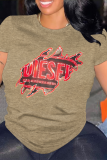 Blue Casual Letter Print O Neck Tops