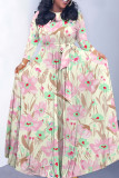 Blue Elegant Striped Print Flowers Pocket With Belt Contrast O Neck Printed Dresses
