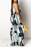Blue Purple Geometric Print Flowers Stripe Contrast O Neck Dresses