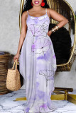 Light Purple Sexy Geometric Print Pocket Contrast V Neck Printed Dresses