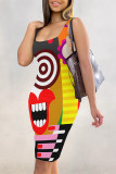 Rose Red Sexy Geometric Print Contrast U Neck Printed Dresses