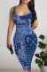 Blue Sexy National Totem Print Contrast U Neck Printed Dresses
