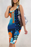 Rose Red Sexy Geometric Print Contrast U Neck Printed Dresses