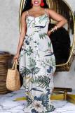 White Green Sexy Floral Print Cartoon Pocket Contrast V Neck Printed Dresses