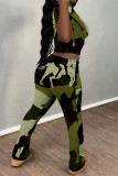 Multicolor Casual Camouflage Print Contrast O Neck Short Sleeve Two Pieces