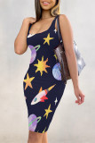 Rose Red Sexy Geometric Print Contrast U Neck Printed Dresses