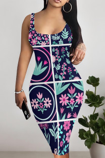 Tibetan Blue Sexy Plaid Floral Print Contrast U Neck Printed Dresses