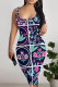 Tibetan Blue Sexy Plaid Floral Print Contrast U Neck Printed Dresses