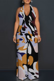 The cowboy blue Sexy Colorblock Print Lace Up Backless Contrast Halter Loose Jumpsuits