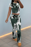 Multicolor Casual Camouflage Print Contrast O Neck Short Sleeve Two Pieces