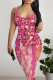 Rose Red Sexy National Totem Print Contrast U Neck Printed Dresses