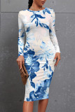 Blue Casual Floral Print Leopard Contrast O Neck Printed Dresses
