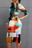 Blue Casual Floral Print Leopard Contrast O Neck Printed Dresses