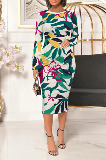 Green Casual Floral Print Leopard Contrast O Neck Printed Dresses