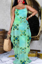 Turquoise Casual Cartoon Print Flowers Letters Pocket Contrast V Neck Printed Dresses