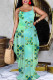 Turquoise Casual Cartoon Print Flowers Letters Pocket Contrast V Neck Printed Dresses